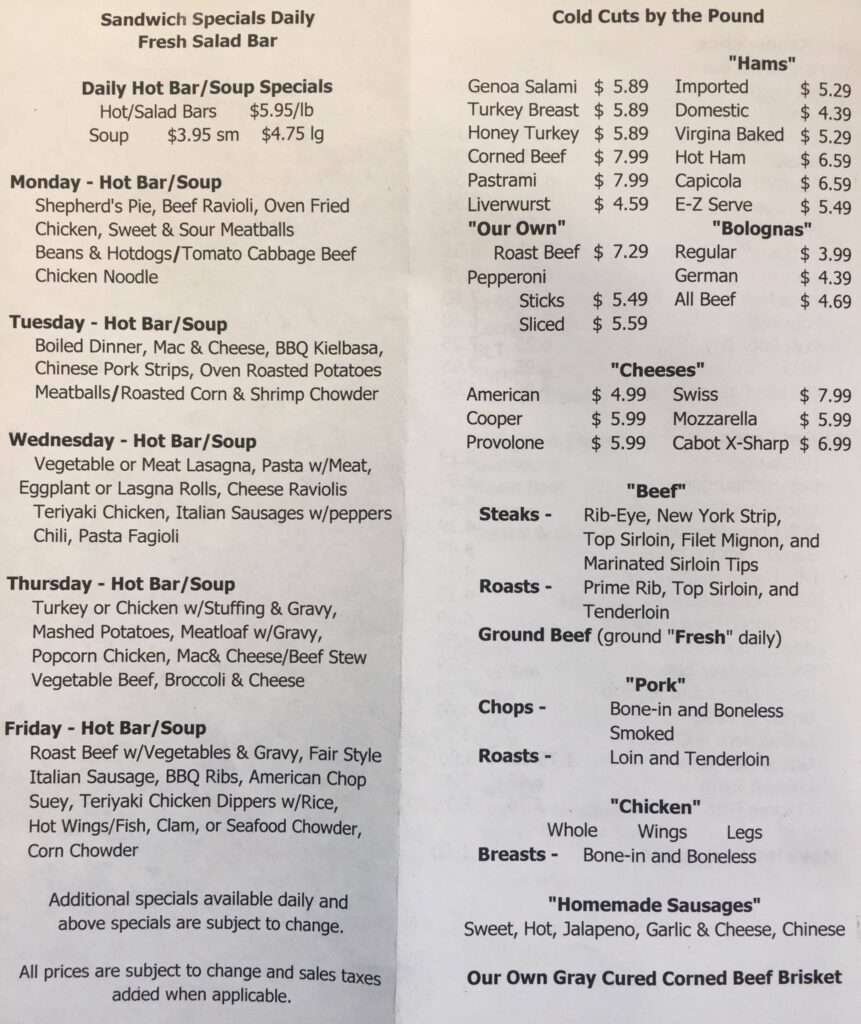 Moran’s Market menu 2